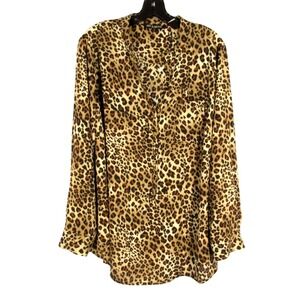 ZAC & RACHEL BROWN/BLACK Leopard Print GEORGETTE 1/2 Button V-NECK Top Blouse 2X